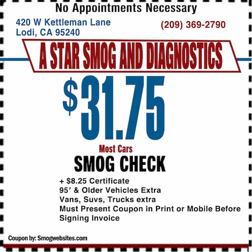A STAR SMOG and DIAGNOSTICS Smog Check Coupon Lodi